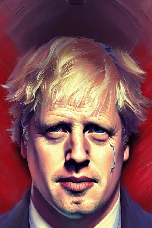 Image similar to Boris Johnson as Superman, realistic portrait, symmetrical, highly detailed, digital painting, artstation, concept art, smooth, sharp focus, illustration, cinematic lighting, art by artgerm and greg rutkowski and alphonse mucha