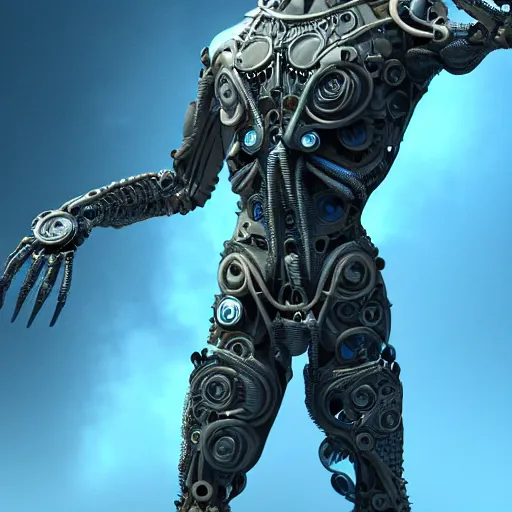 Image similar to tim cook. pointing his finger in the air. mythical organic biomechanical man. futuristic. blue blurry background. highly detailed, intricate steampunk ornate, poetic, 3 d render, digital art, octane render, 8 k artistic photography, photorealistic.