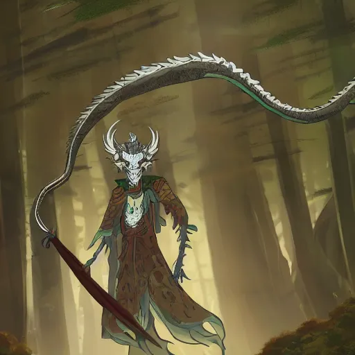 Prompt: concept art painting of an anthropomorphic dragon king with robes, a long dragon neck, and skull mask, in a deep forest, cel shaded, in the style of makoto shinkai and james gurney and studio ghibli and moebius