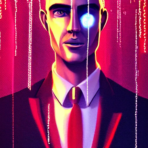 Image similar to stylish cartoon portrait made out of rain, pinstripe suit, cyberpunk background, rendered in octane, unreal engine, highly detailed, trending on artstation, realistic, neon, beautiful, volumetric lighting, depth of field