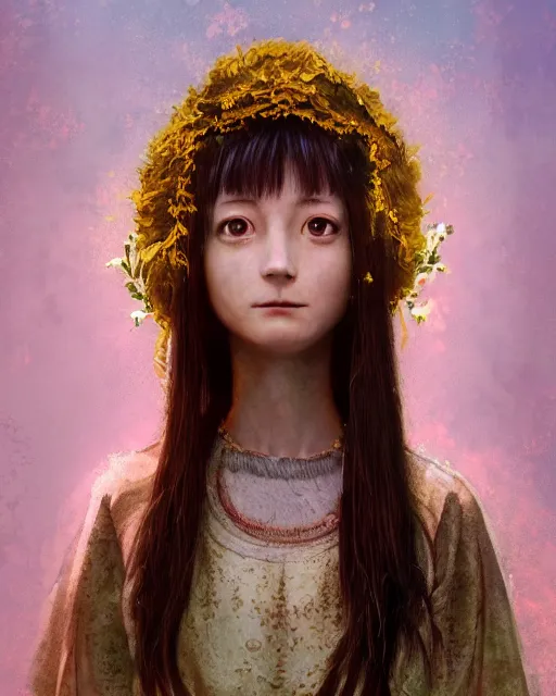 Image similar to studio photo portrait of Lain Iwakura from Serial Experiments Lain wearing floral garlands over her traditional dress. full height portrait of Lain as a slavic pagan priestess wearing traditional pagan dress adorned with golden tiara, concept art by Greg Rutkowski and James Dean and Ross Tran, ultrarealistic octane render, 8k, rtx on, trending on ArtStation