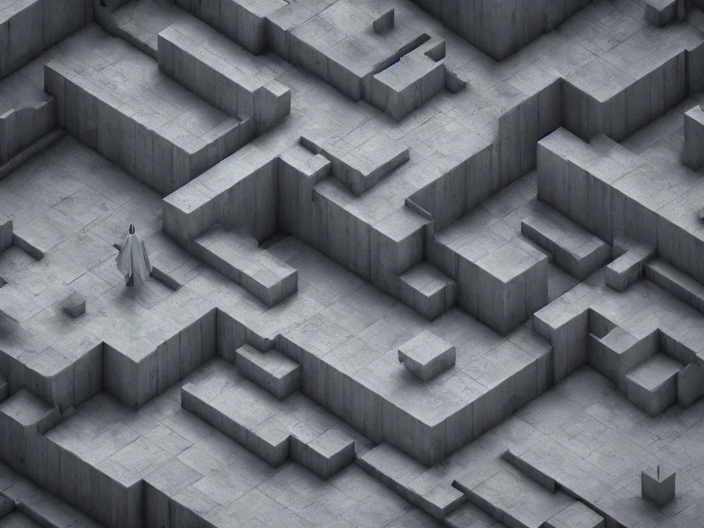 Image similar to labyrinth monolithic brutalist minimalist unusual stjil, isometric, ultra wide angle view, cinematic, volumetric lighting, fog, mist, god ray, epic