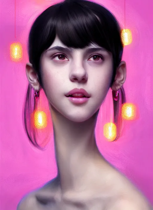 Image similar to portrait of teenage girl, narrow face, black hair, bangs, half updo hairstyle, skinny, smile, unattractive, defined jawline, big chin, wearing pink hair bow, earrings, intricate, elegant, glowing lights, highly detailed, digital painting, artstation, sharp focus, illustration, art by wlop, mars ravelo and greg rutkowski