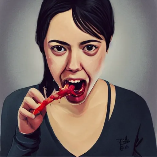 Prompt: young vampire aubrey plaza eating a clove of garlic, art by sam yang