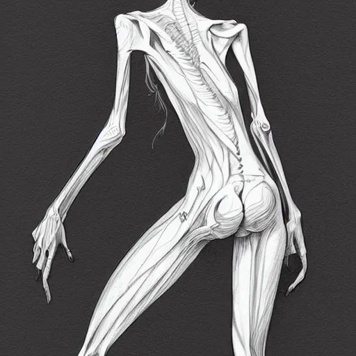 Image similar to hyperrealistic, detailed, skinny lady, gorgeous, dynamic pose, ink, line art by Kim Jung gi