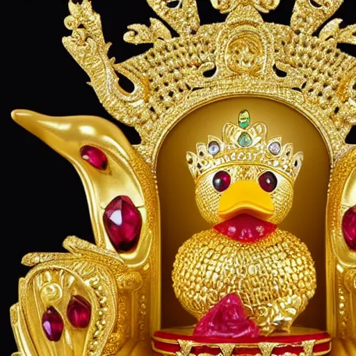 Image similar to a plastic duck king sitting on a gold throne decorated with many rubies and diamonds, detailed duck, duck king is wearing a gold crown and gold necklace, super realistic, 8k