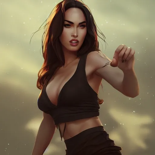 Image similar to full body shot of Megan fox by wlop, rossdraws, mingchen shen, bangkuart, sakimichan, yan gisuka, jeongseok lee, artstation, 4k