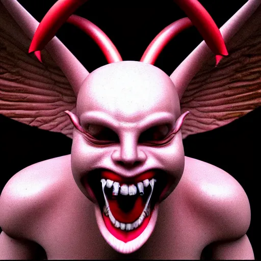 Prompt: Photo taken in the 2000's of a smiling demon with four horns and four wings, photorealistic, film still, desolate, terrifying, weird, strange, odd, uncanny, hyper realism, highly detailed, photorealism, smooth gradients, high contrast, photorealistic