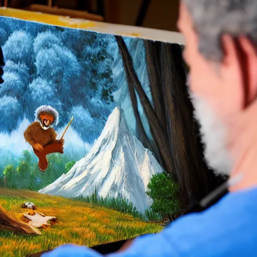 Image similar to a closeup photorealistic photograph of bob ross working on a canvas painting of cookie monster. film still. brightly lit scene. mountains and trees. this 4 k hd image is trending on artstation, featured on behance, well - rendered, extra crisp, features intricate detail, epic composition and the style of unreal engine.