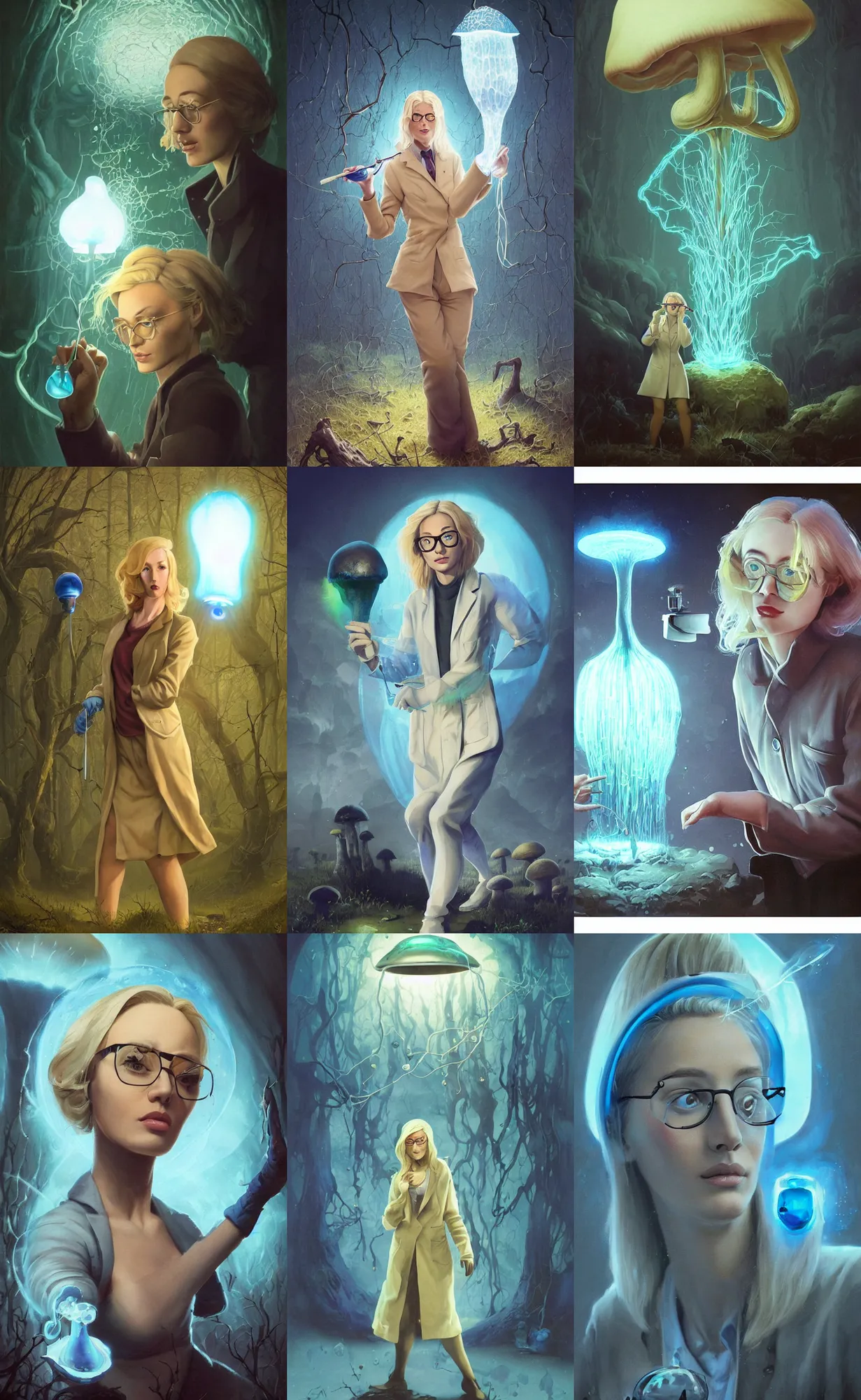 Prompt: A mixed media portrait painting of a beautiful blonde biologist woman, labcoat, glasses, examining a giant blue glowing mushroom in a mire, detailed Aesthetic! face and eyes, slavic, by Beeple, Frank Frazetta, Greg Rutkowski, Christian MacNevin, Boris Vallejo, epic fantasy character art, high fantasy, CGsociety, exquisite detail, post-processing, masterpiece, cinematic