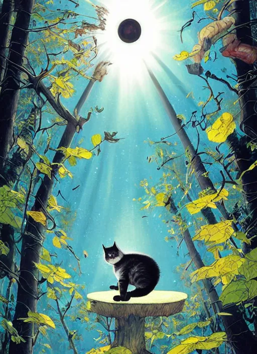 Image similar to a hyper realistic ink cat and the meaning of life and sunbeams blue sky, lush forest poster art by chiara bautista and kim jung giu and norman rockwell and greg rutkowski weta studio, and lucasfilm