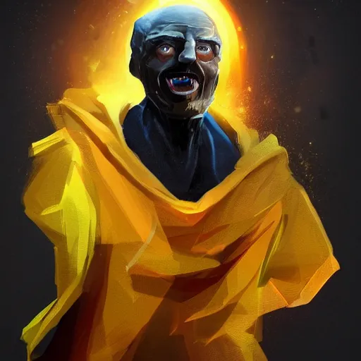 Prompt: award - winning. trending on artstation. 4 k. expressive. a faceless man wearing layered yellow robes while a black hole in space floats behind them. dark background. in the style of victor antonov