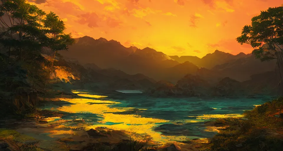 Image similar to sunset at spring break - golden mountains - dramatic lighting, trending on artstation, highly detailed render by studio ghibli