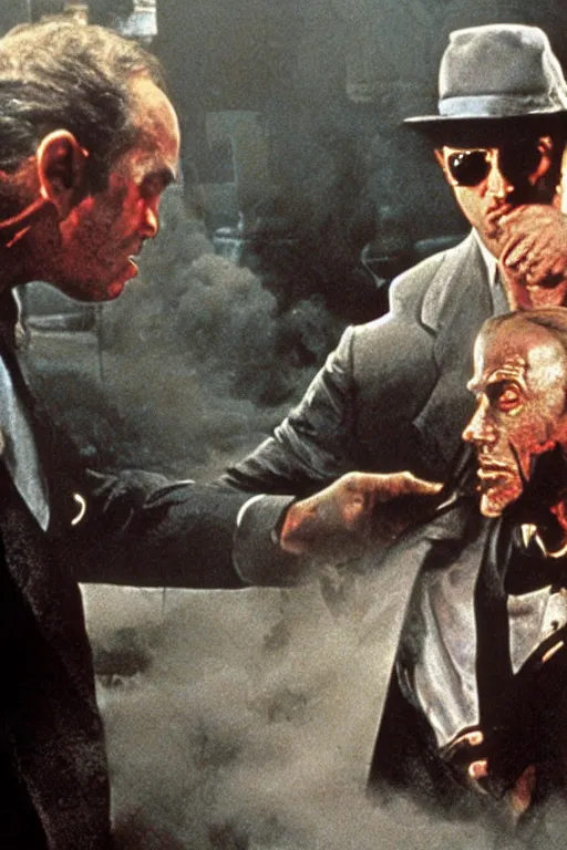 Image similar to epic sandstorm battle, Action, movie Scarface, in the Movie Godfather, in the Movie American Psycho (2000), by drew struzan