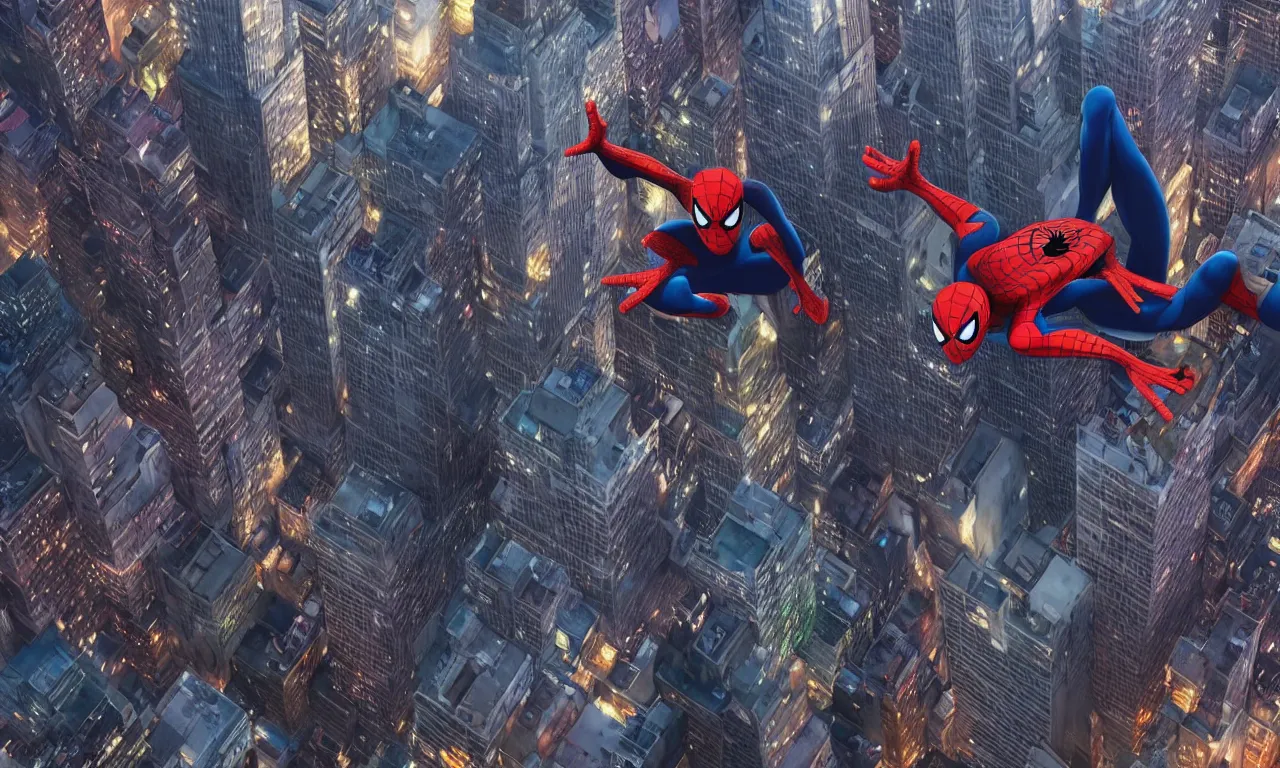 Prompt: spiderman in a wide city of new york, cinematic lighting, style by makoto shinkai