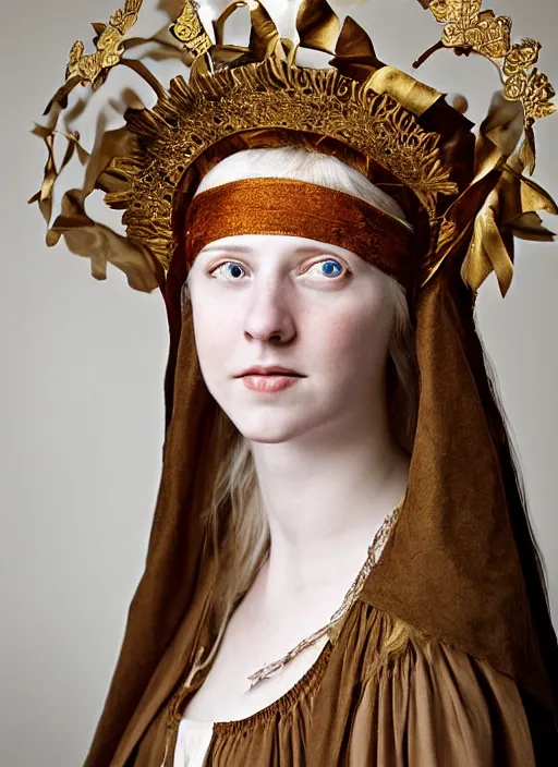 Prompt: young blonde woman in renaissance dress and renaissance headdress, photograph by sara moon