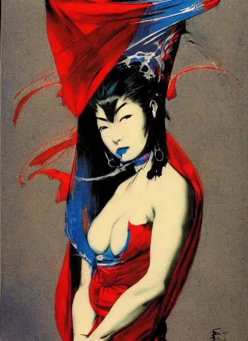 Image similar to portrait of heavyset mighty korean vampiress, jeweled veil, blue and red, strong line, saturated color, beautiful! coherent! by frank frazetta, high contrast, minimalism