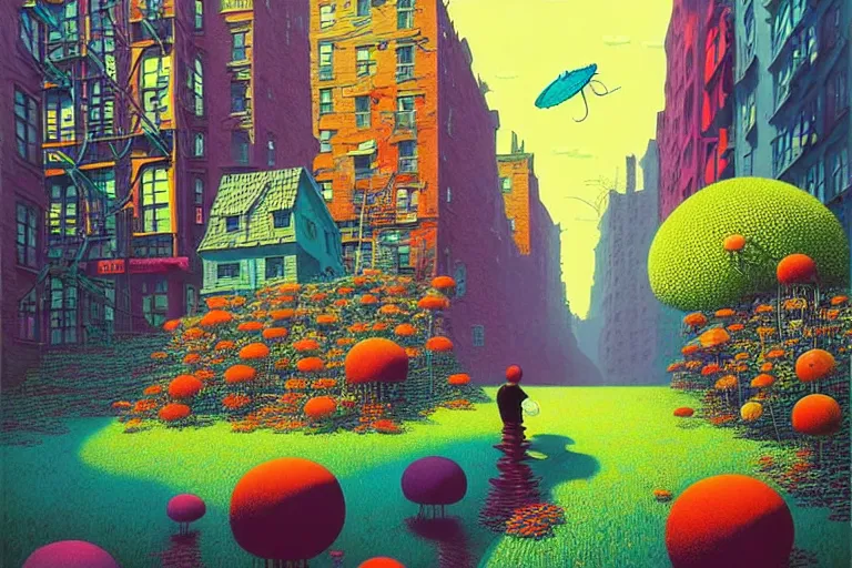 Image similar to surreal glimpse into other universe, new york, summer morning, very coherent and colorful high contrast, art by!!!! gediminas pranckevicius!!!!, geof darrow, floralpunk screen printing woodblock, dark shadows, hard lighting, stipple brush technique,