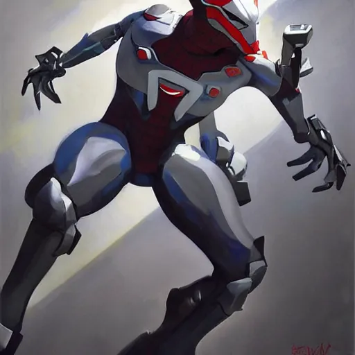 Image similar to greg manchess portrait painting of armored spiderman ultraman grey fox from metal gear cyborg gay japanese - american hybrid as overwatch character, medium shot, asymmetrical, profile picture, organic painting, sunny day, matte painting, bold shapes, hard edges, street art, trending on artstation, by huang guangjian and ail elvgren and sachin teng