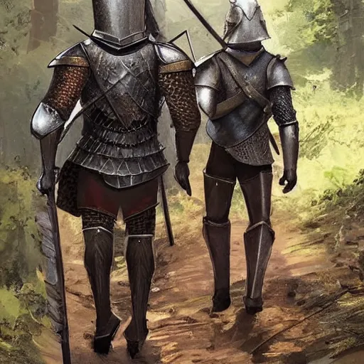 Prompt: Knight Theo is all in iron armor and his squire, who only has a spear and a huge bag of supplies, are walking along a forest path. Beautiful style, very detailed