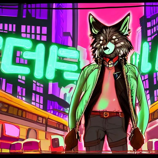 Image similar to beautiful commission digital art portrait commission of an androgynous furry anthro wolf wearing punk clothes in the streets of a cyberpunk city. neon signs. made by zaush, rick griffin, tessgarman, angiewolf, miles df, smileeeeeee, ethrk, fa, furraffinity