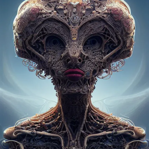 Image similar to a highly detailed photographic portrait of an alien, biomechanical sculpture, mandelbrot fractal, intricate, elegant, ornate, elegant, luxurious, beautifully lit, ray traced, octane 3D render in the style of Peter Mohrbacher and Peter Gric