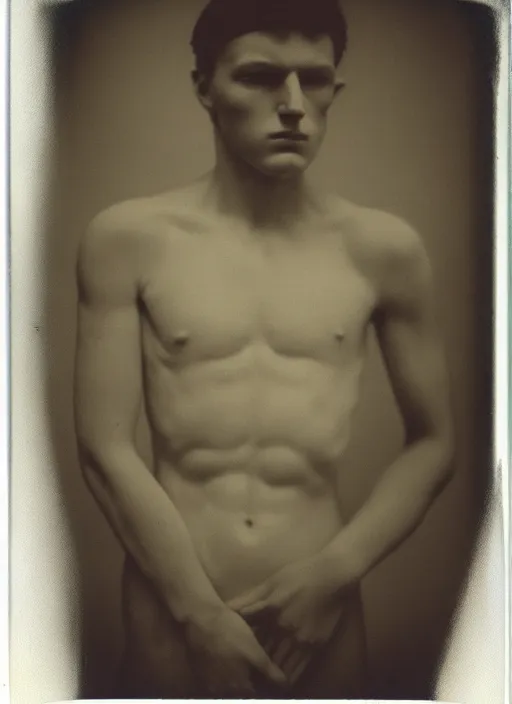 Prompt: an an android with an adult male human looking face is the thinker by auguste rodin, polaroid fashion photography, flash photography, photo taken in a back storage room where you can see empty shelves in the background, 3 / 4 view portrait head chest and arms portrait of