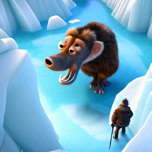 Image similar to a high resolution render symetric of ice age 4 movie trailer scene sid, octane render blender 8 k isometric