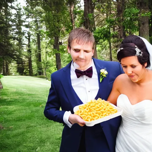 Image similar to a man brings a tupperware of macaroni to a wedding