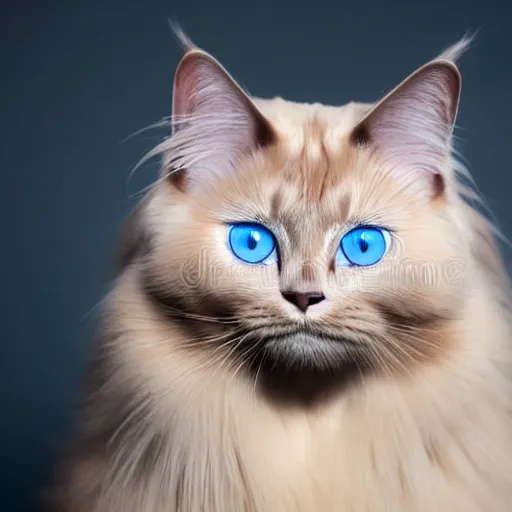 Prompt: full-body studio photograph of a birman cat, clear ice-blue eyes, warm brown colorpoints, hd, studio lighting, stock photo, longhaired, anatomically accurate