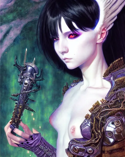 Image similar to portrait of beautiful cute young goth maiden girl with short white hairs in warhammer armor, art by ( ( ( kuvshinov ilya ) ) ) and wayne barlowe and gustav klimt and artgerm and wlop