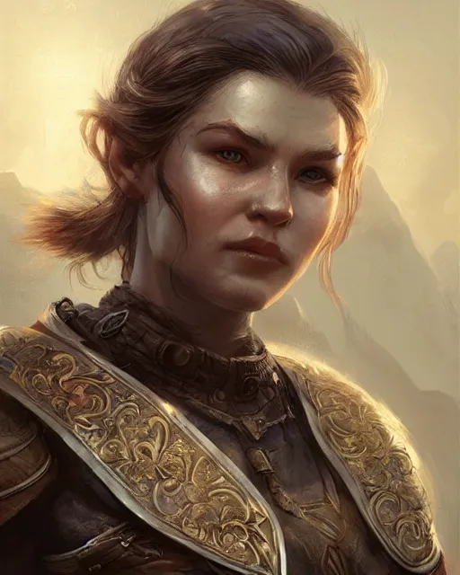 Image similar to the elder scrolls vi, charismatic rugged female nord warrior portrait, illustration, rim light, top light, perfectly shaded, golden hour, epic, intricate, soft painting, art by ross tran, krenz cushart and wenjun lin