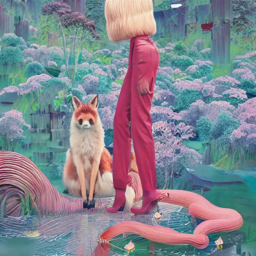 Prompt: pretty model with foxes : : by martine johanna and simon stalenhag and chie yoshii and casey weldon and wlop : : ornate, dynamic, particulate, rich colors, intricate, elegant, highly detailed, vogue, harper's bazaar art, fashion magazine, smooth, sharp focus, 8 k, octane render