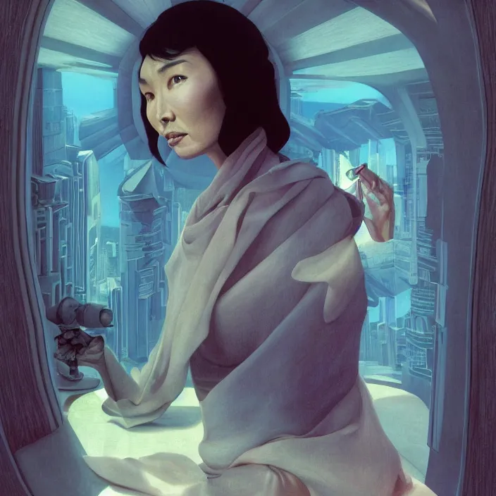 Prompt: maggie cheung, science fiction, extremely detailed, sharp focus, pastel colors, intricate, hard light, illustration, volumetric lighting, digital painting, by roger dean, by santiago calatrava, by vermeer