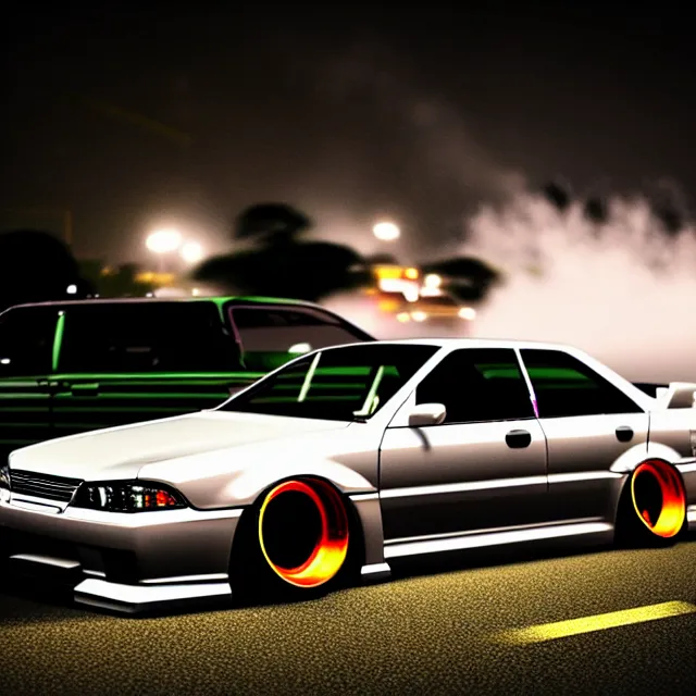 Image similar to a car JZX100 twin turbo drift at illegal car meet, Tochigi prefecture, city midnight mist lights, cinematic lighting, photorealistic, highly detailed wheels, high detail