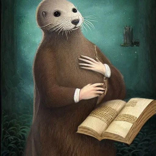 Image similar to a medieval otter abbot reading his book, fantasy concept art by nicoletta ceccoli, mark ryden, lostfish, max fleischer