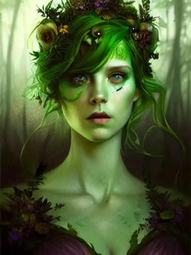Image similar to green!! forest fae ; by james jean, charlie bowater, tom bagshaw, nikolay makovsky, melanie delon : : enchanting, ethereal, magical, glowing, sparkle, iridescent, flowerpunk, portrait, character design, illustration, hyperrealism, photorealism, digital art, concept art, dark fantasy, weta, wlop, artstation