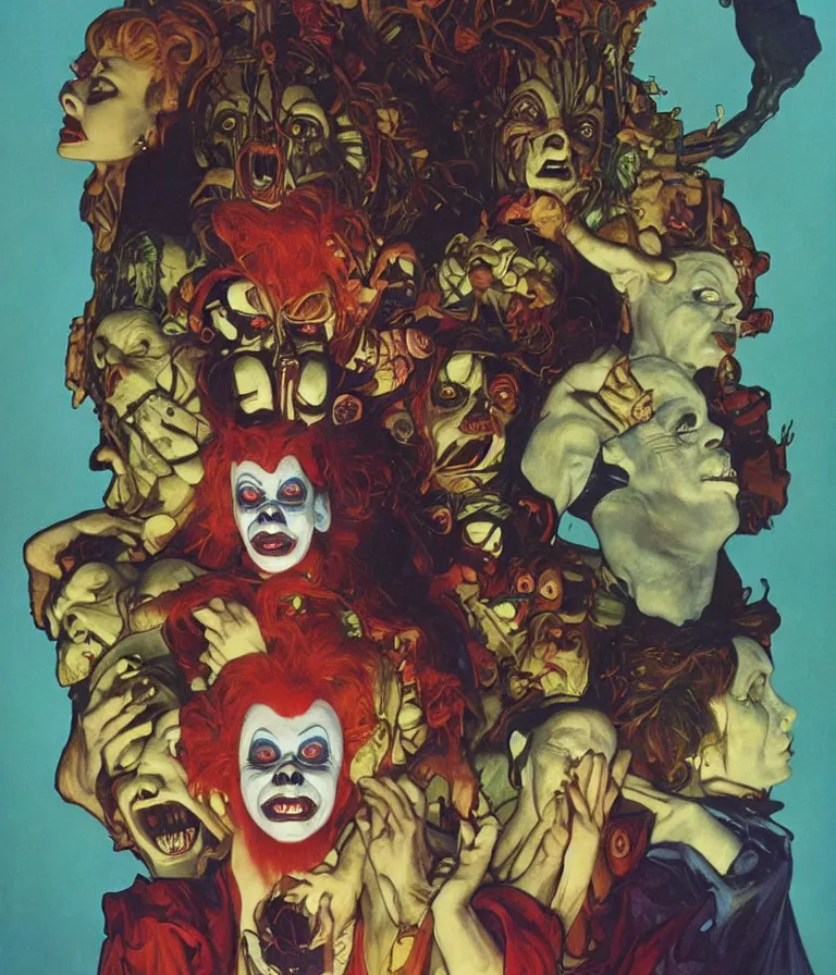Prompt: Beautiful Horror Movie Poster made for the film Killer Klowns From Outer Space (1988) starring Sigourney Weaver and Evil Alien Clowns, oil painting by Alphonse Mucha and H R Giger and Gustav Klimt, trending on artstation dramatic lighting hyperrealism 8k