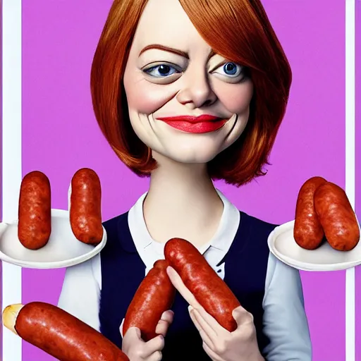 Image similar to hyperrealistic emma stone caricature surrounded by big fat frankfurter sausages by bob byerley and aardman animation, mascot, target reticles