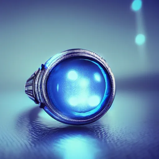 Image similar to a fantasy ring, blue glow, realistic reflections, intricate details, cinematic lighting, depth of field, octane render