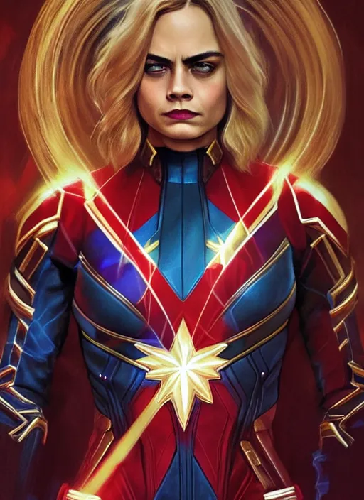 Image similar to beautiful cara delevingne as captain marvel, fantasy, intricate, elegant, highly detailed, digital painting, artstation, concept art, smooth, sharp focus, illustration, art by artgerm and greg rutkowski and alphonse mucha