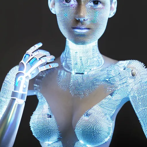 Prompt: beautiful centered fine art photo portrait of romantic beautiful girl as a solarpunk robotic humanoid, aluminum mechanical parts with led lights, ballet style pose, photorealistic, white background, highly detailed and intricate, soft box lighting, hdr 8 k