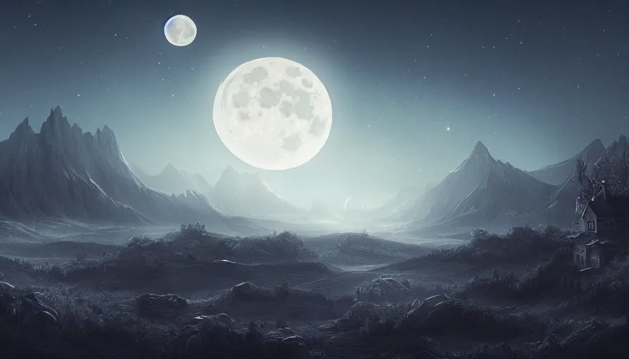 Prompt: a beautiful landscape at night, big moon on the right, stars in the sky, matte painting, dark blue tones, high contrast, intricate details, concept art, 4 k