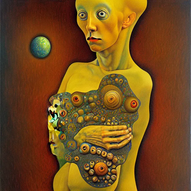 Image similar to an oil on canvas portrait painting, polycount, surrealism, surrealist, lovecraftian, cosmic horror, grant wood, gustav klimt, high detail