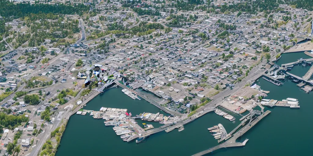 Image similar to bird's eye view of a city, trailer park, a road, bridge, and inlet with docking area.