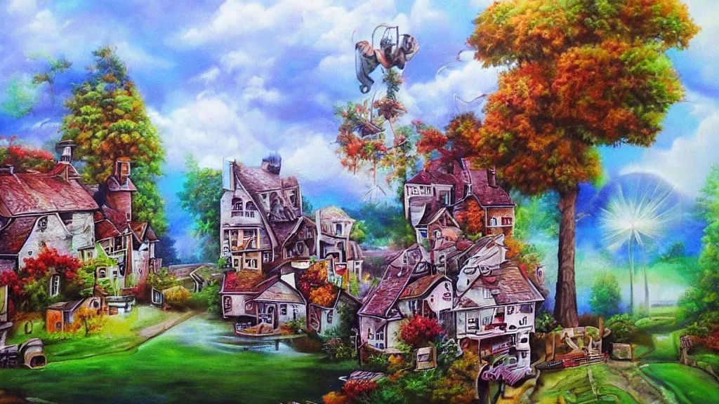 Image similar to airbrush art derivative the very crispest, neatest village