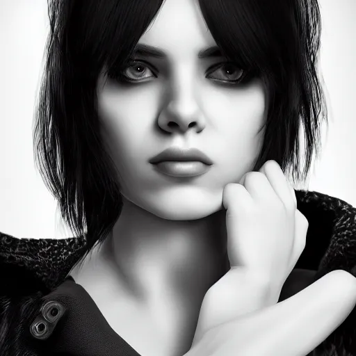 Image similar to highly detailed portrait of black and white haired girl, wearing a black jacket, intricate, cgsociety, cinematic studio lighting