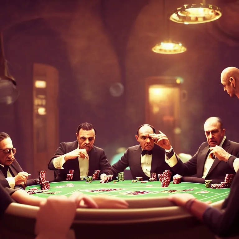 Image similar to Three mafiosi playing poker in open cosmos, star systems are visible in the background. Extremely high details, realistic, fantastic octane render, cinematic, hyperrealism, 8k, masterpiece