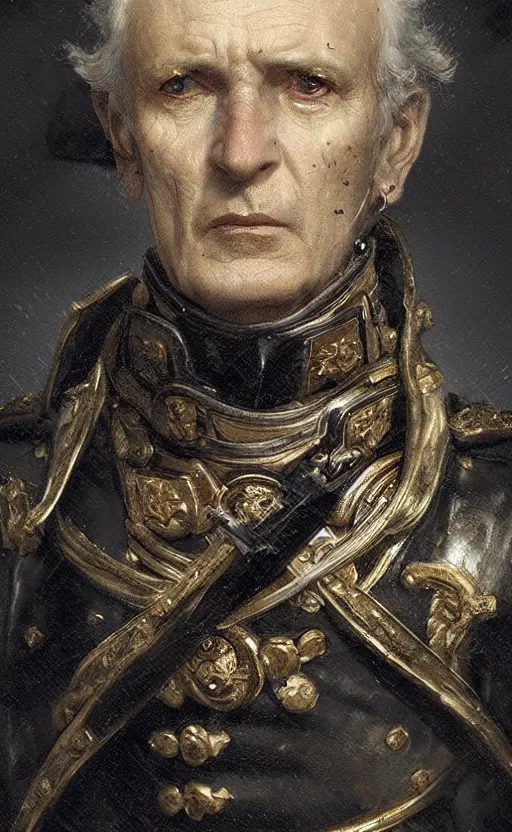 Prompt: Portrait of an old Napoleonic admiral, male, detailed face, fantasy, highly detailed, cinematic lighting, digital art painting by greg rutkowski