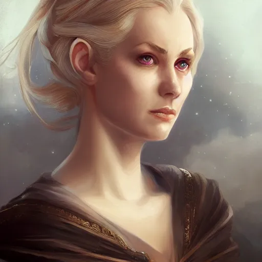 Image similar to a detailed matte head - on portrait painting of an middle - aged half - tiefling noblewoman with golden eyes and short well kept hair, by charlie bowater, lise deharme, wlop, tending on arstation, dungeons and dragon, dnd, pathfinder, fanart, oil on canvas